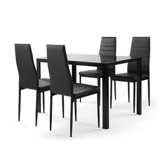 5 Pieces Dining Table Chair Set for 4 Include 1 Tempered Glass Desktop Dining Table + 4 High Backrest Faux Leather Chairs Black | Decor Gifts and More