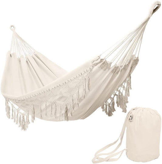 Boho Large Brazilian Fringed Macramé Double Deluxe Hammock Swing Bed with Carry Bag - Home Decor Gifts and More