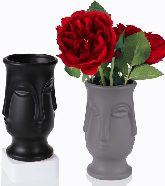 Ceramic Vase Set of 2, Abstract Face Design - Home Decor Gifts and More
