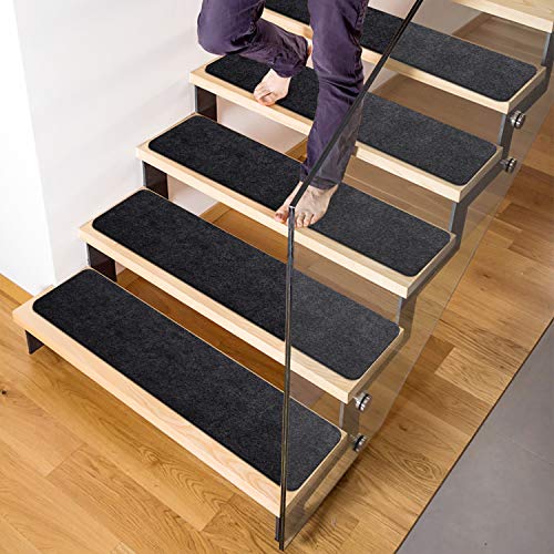 Delxo 8"x30" Stair Treads Non-Slip Carpet 7-Pack Anti-Slip Stair Runner for Wooden Steps, Kids, Elders, and Dogs,Pre Applied Adhesive (Black) - Home Decor Gifts and More