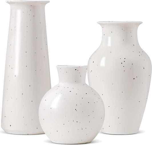 White Vases for Decor Flowers Bud Decorative Ceramic Vase 3 Piece Set, Rustic Boho Modern Farmhouse Decor for The Home Living Room Decor and Accessories Centerpiece for Tables Small Clay Vase - Home Decor Gifts and More