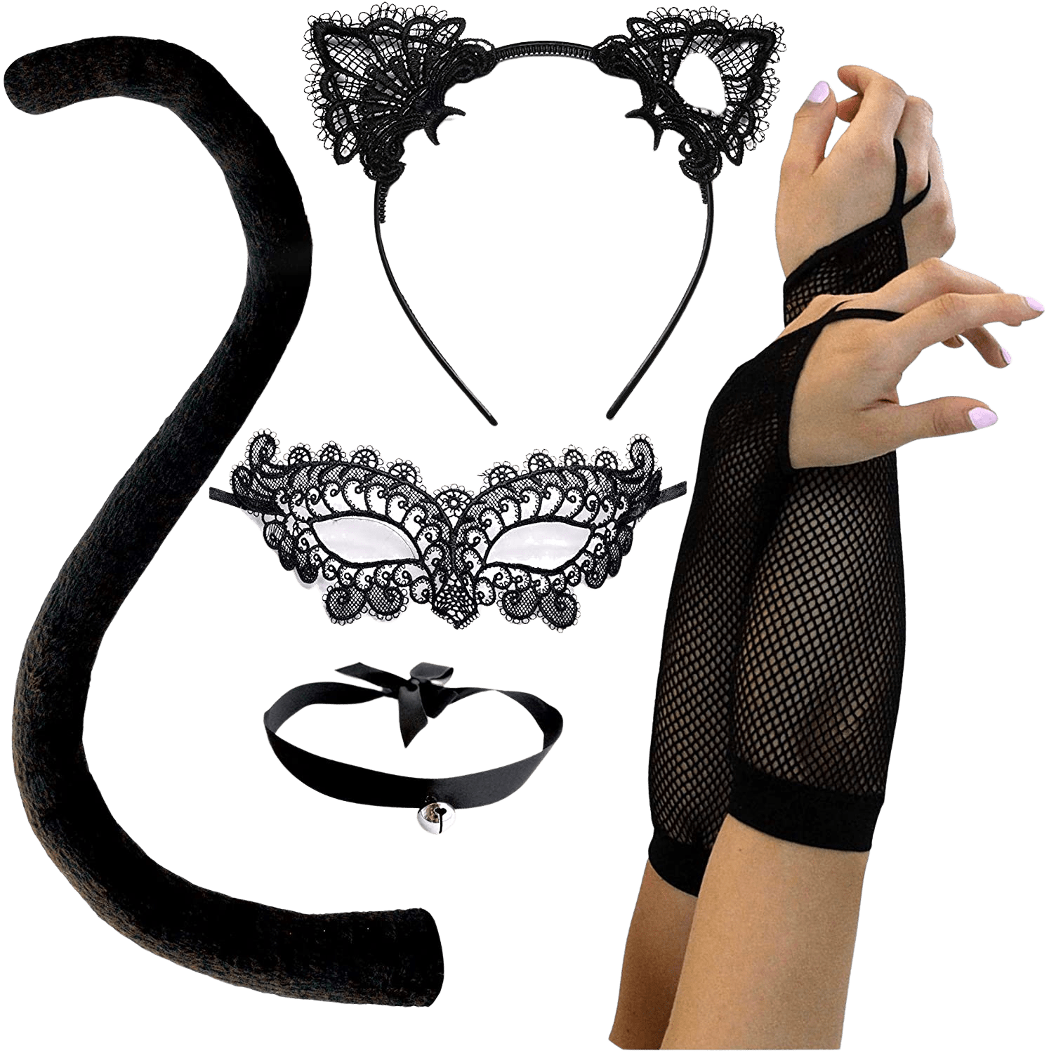Black Cat Costume for Women Sexy Halloween Masquerade Mask, Lace Ears, Gloves, Tail, Choker Necklace | Decor Gifts and More
