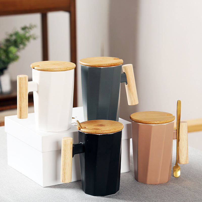 Simple Straight Ceramic Mug With Wooden Handle | Decor Gifts and More