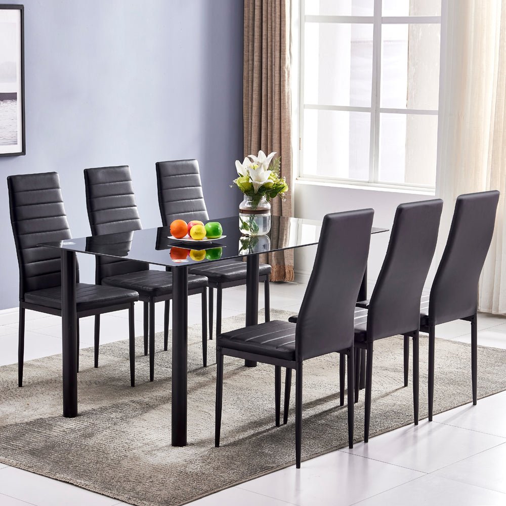 6-Seater Dining Table Chair Set Includes 1 Tempered Glass Dining Table + 6  High Backrest Dining Chairs Black[US-Depot] | Decor Gifts and More