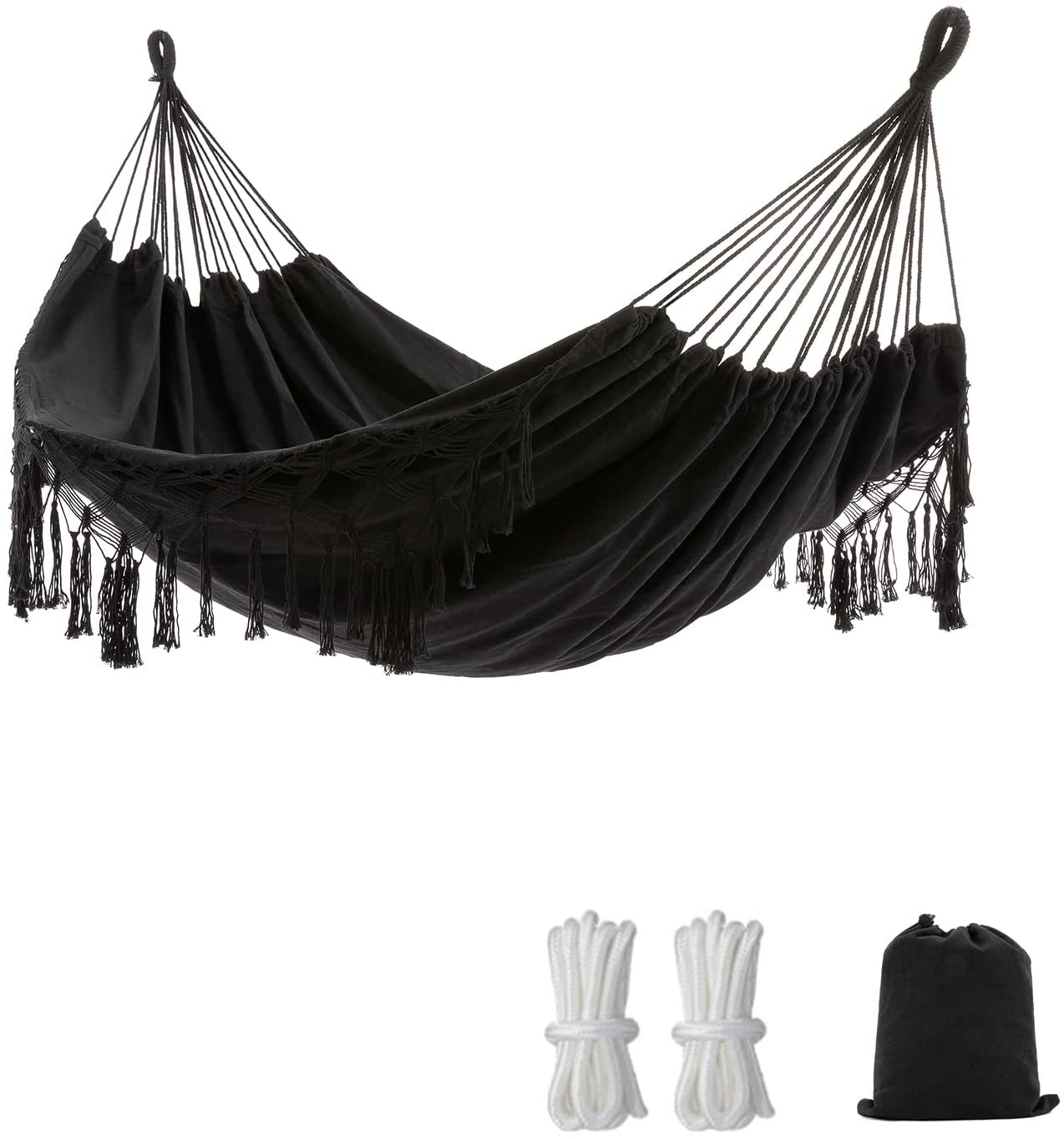 Black Boho Macrame Hammock with Elegant Tassels 450lbs Include Tie Ropes and Drawstring Bag - Home Decor Gifts and More