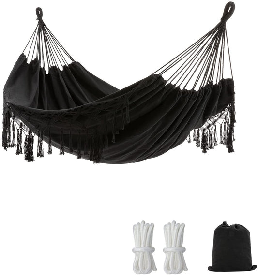 Black Boho Macrame Hammock with Elegant Tassels 450lbs Include Tie Ropes and Drawstring Bag - Home Decor Gifts and More