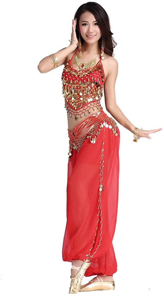 ZLTdream Lady's Belly Dance Chiffon Banadge Top and Lantern Coins Pants | Decor Gifts and More
