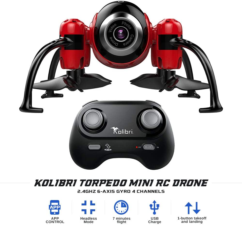 Kolibri Torpedo Mini RC Drone for Kids &amp; Beginners, Best Small Drone with 480P Wi-Fi Camera Live Video Feed, 2.4GHz 6-Axis Gyro 4 Channels FPV App Controlled Quadcopter w/Headless Mode. | Decor Gifts and More