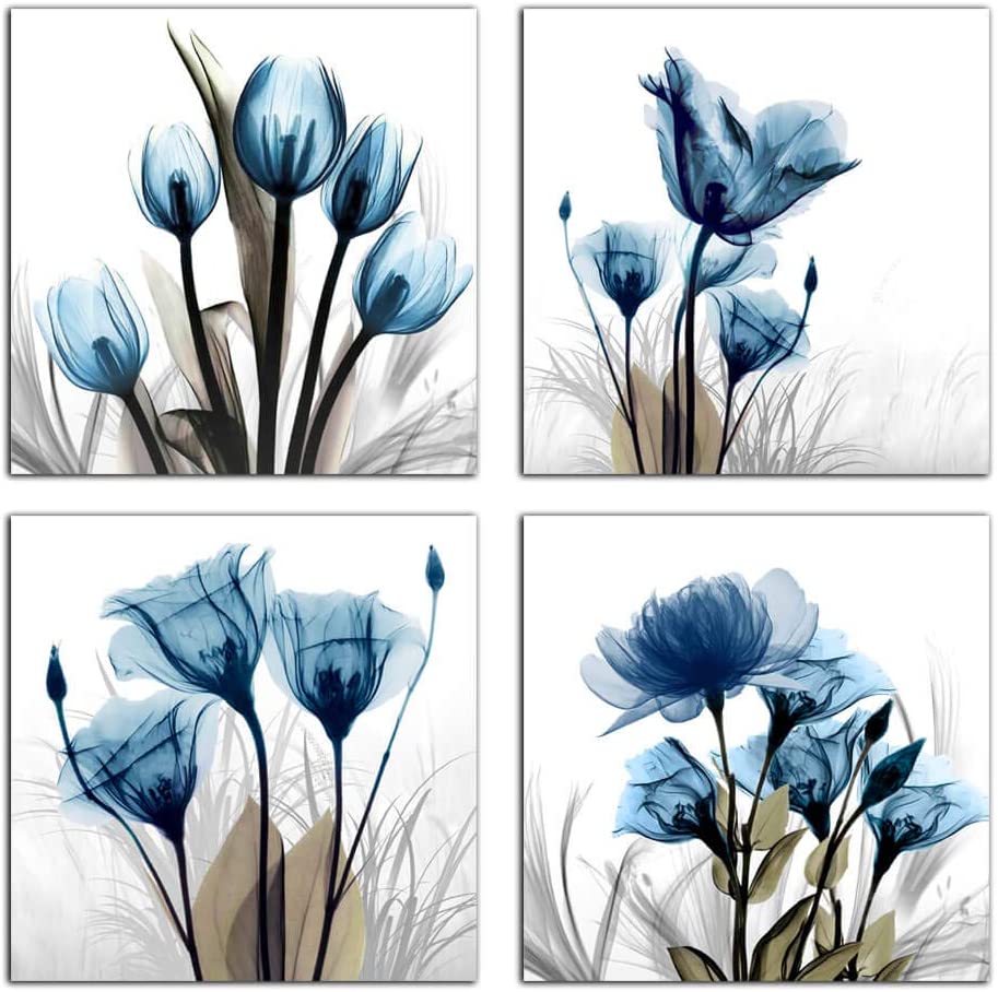 Blue Tulip Canvas Wall Prints Wall Art Decor 4 Panels Ready To Hang 12" x 12" 4 Piece Tile Set - Home Decor Gifts and More