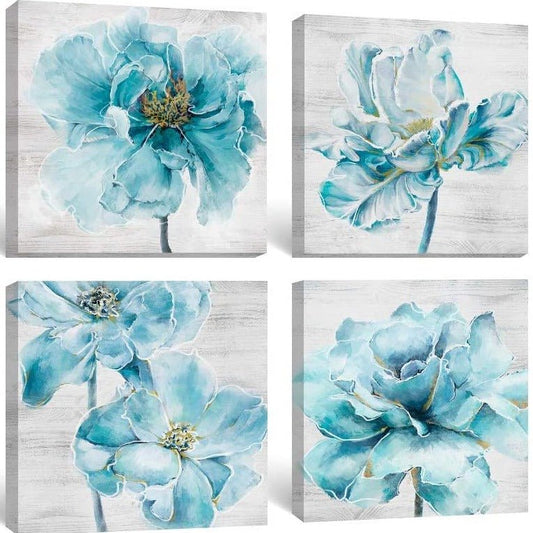 Contemporary Blue Dendrobium Orchids Framed Canvas Art Prints Set of 4 12 x 12 - Home Decor Gifts and More