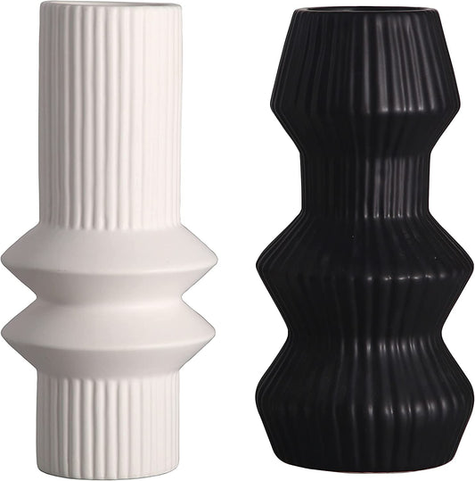 Ceramic Modern Vase Set of 2, Black and White Decorative Vase for Home Decor, Cylinder Geometric Vases - Home Decor Gifts and More