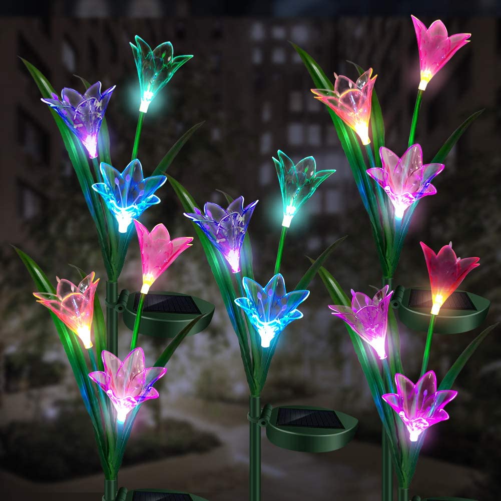 Solar Flower Lights Outdoor Lily Light LED Multicolor Landscape Light Automatically Turns On/Off, for Garden Backyard Tombstone Decorative Lights 5 Pack | Decor Gifts and More