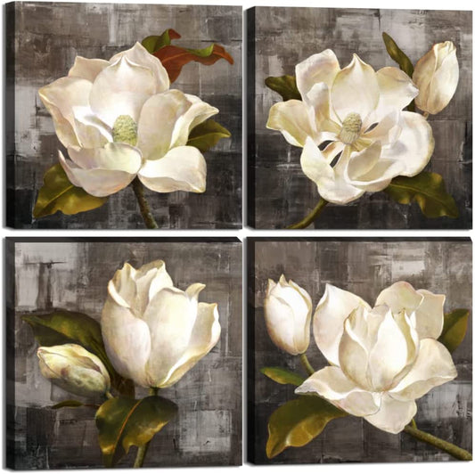 White Rose Blossoming Rustic Wall Flower Framed Art Set Set 16"x16", 4 Piece Set - Home Decor Gifts and More