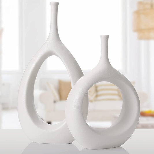 White Ceramic Hollow Vases Set of 2, Flower Vase for Decor, Modern Decorative Vase - Home Decor Gifts and More