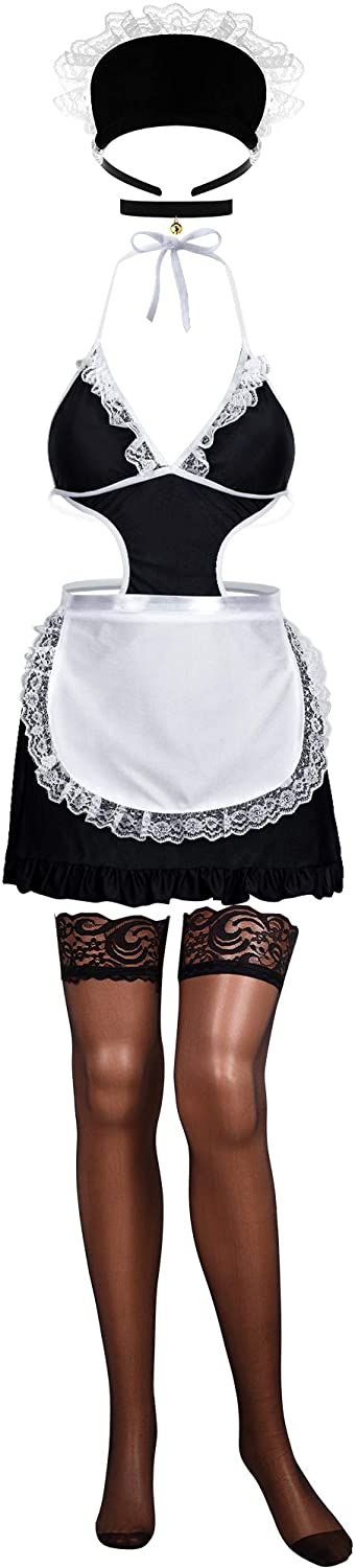6 Piece Deluxe French Maid Costume Dress with Apron, Lace Headband, Lace Top Thigh High Stockings, Choker Necklace, G String Pantie | Decor Gifts and More