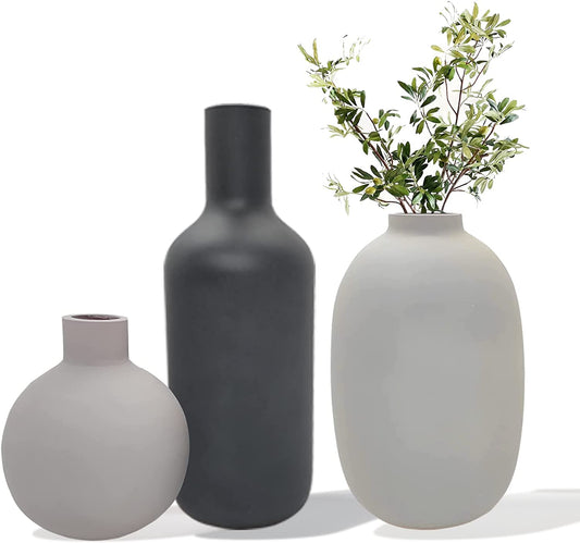 Solid Matte Ceramic Abstract  Bottle Design Vases, Set of 3,  Modern Centerpiece Vases - Home Decor Gifts and More