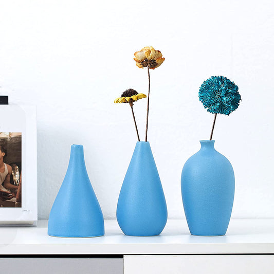 Solid Blue Matte Flower Vase, Sets of 3,Innovative Hand-Plated Pattern Vases - Home Decor Gifts and More