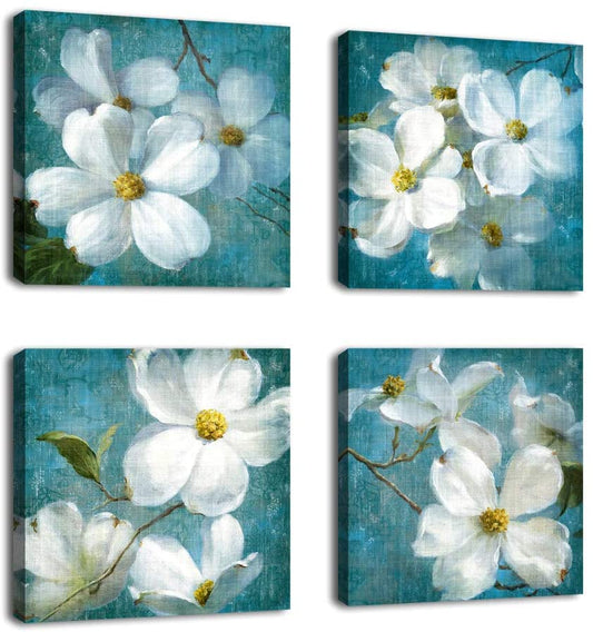 White Jasmine Wall Decor Contemporary Framed Canvas Painting 12" x 12" x 4 Piece set - Home Decor Gifts and More