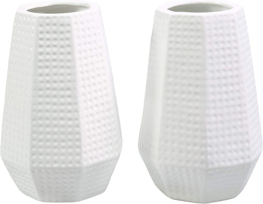 Set of 2  7-Inch Modern White Geometric Dimple Ceramic Table Top Luxury Centerpiece Vase SEt - Home Decor Gifts and More