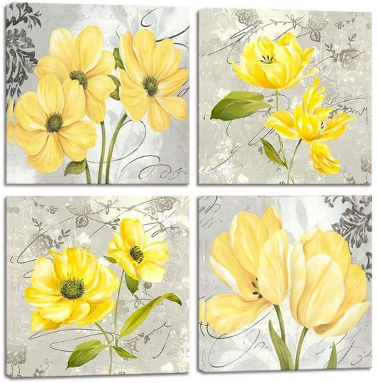 4 Piece Yellow Iris Flower Floral Wall Decor Framed Ready To Hang 16x16 inch | Decor Gifts and More