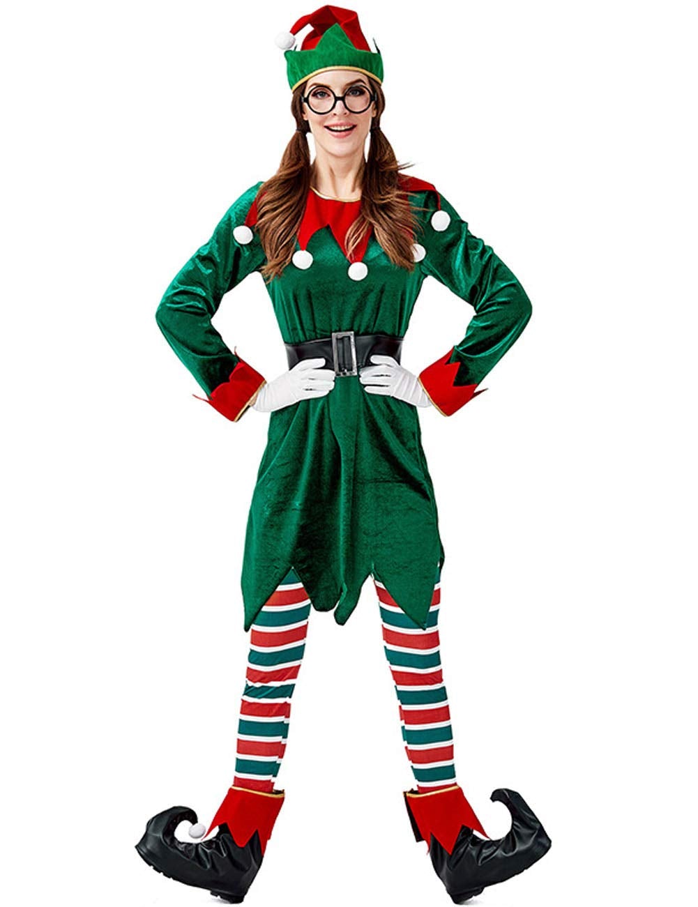 Womens Christmas Green Elf Costume, Holiday Santa's Helper Cosplay Adult Long Sleeves with Tights(S, Green) | Decor Gifts and More