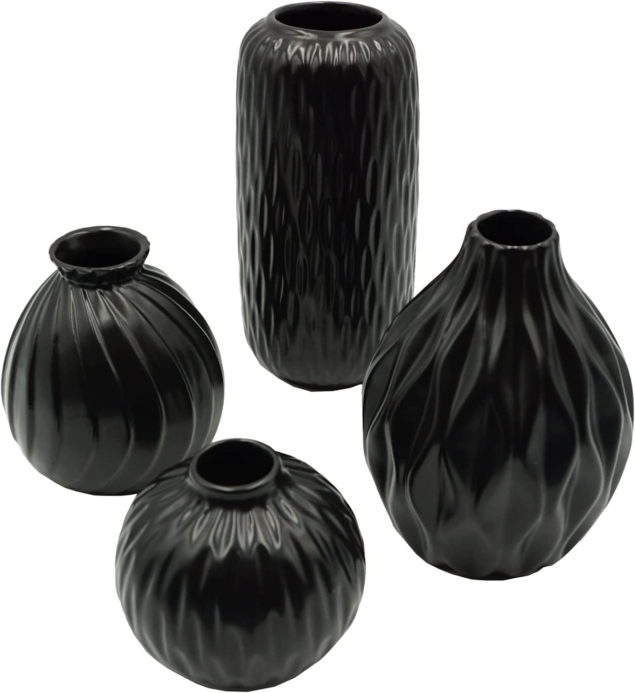 New Contemporary Designer Black Abstract Sculptured Luxury Porcelain Vase Set of 4 - Home Decor Gifts and More