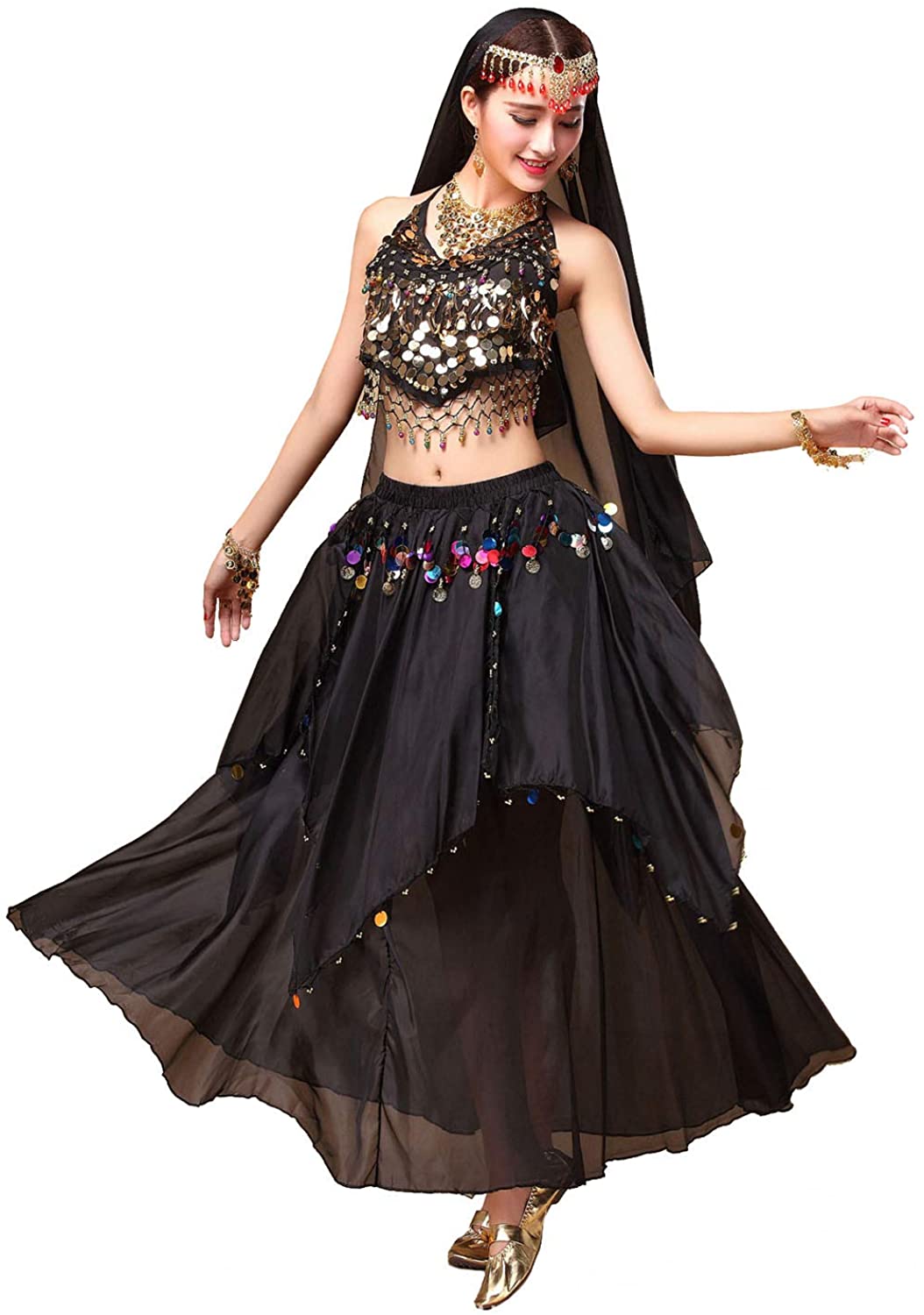 ORIDOOR Women Belly Dance Dress Set Crop Top Padded Bra Top Sparkling Belly Dance Chiffon Skirts with Coins 5-Piece Outfit | Decor Gifts and More