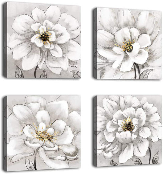 White Lotus Floral Abstract Framed Canvas  Wall Art 12" x 12" x 4 Piece Panel Scenic Landscape Mural - Home Decor Gifts and More