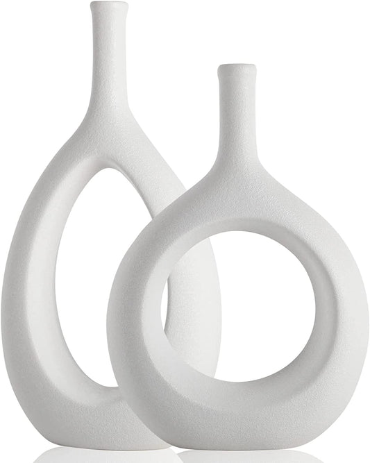 White Ceramic Sculptured Luxury Centerpiece Vases, 12" Set of 2 Large Modern Abstract Hollow Circle - Home Decor Gifts and More