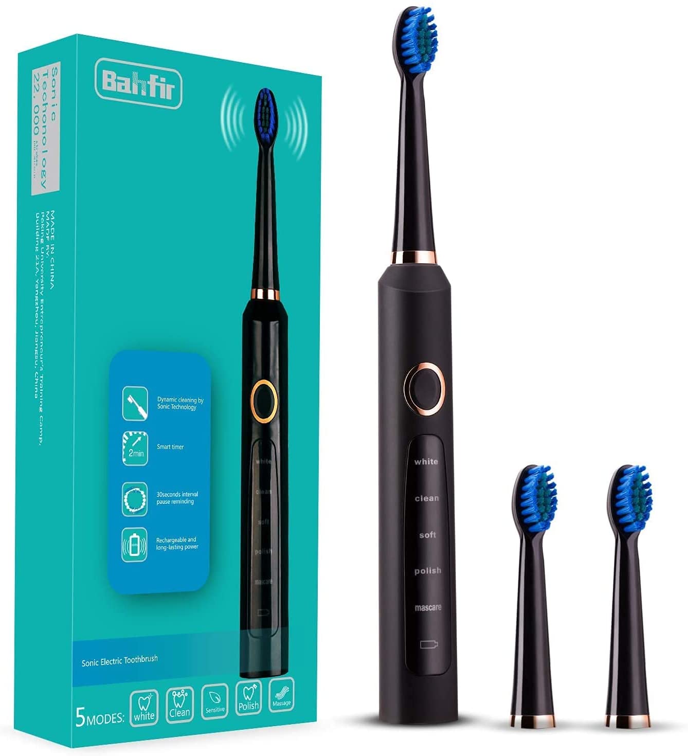 Bahfir Sonic Electric Toothbrush Ultra Cleaning Rechargeable 1 Time Charging 30 Days Use 5 Modes Power Toothbrush Waterproof 3 Brush Heads with Smart Timer for Adults and Kids, Black - Home Decor Gifts and More