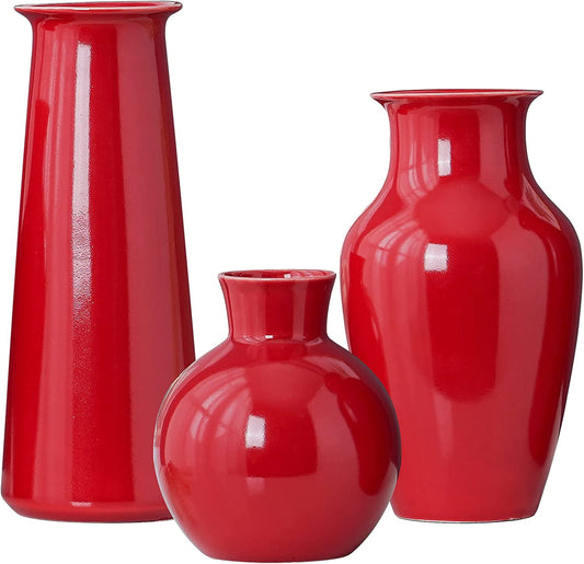 Red Ceramic  Set of 3 Decorative Vases  Modern Farmhouse Rustic - Home Decor Gifts and More