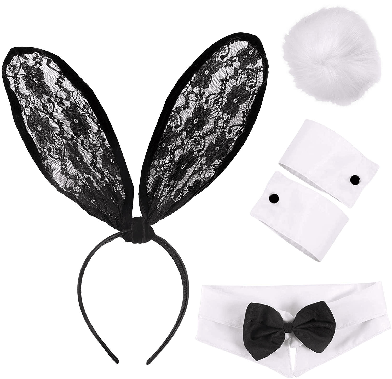 Bunny Costume Accessories Black White Rabbit Ears Collar Cuffs Tail Halloween Sexy Bunny Cosplay Set for Women | Decor Gifts and More