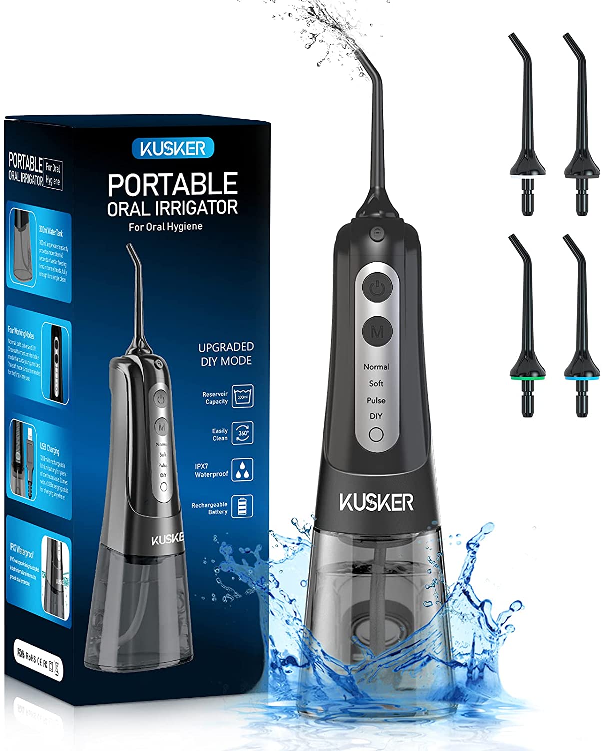 Water Flosser Cordless, KUSKER Portable Dental Oral Irrigator for Teeth, 4 Modes and 4 Jet Tips, IPX7 Waterproof, Rechargeable for 30-Days Use, Home, Travel, Braces, Bridges Care - Home Decor Gifts and More