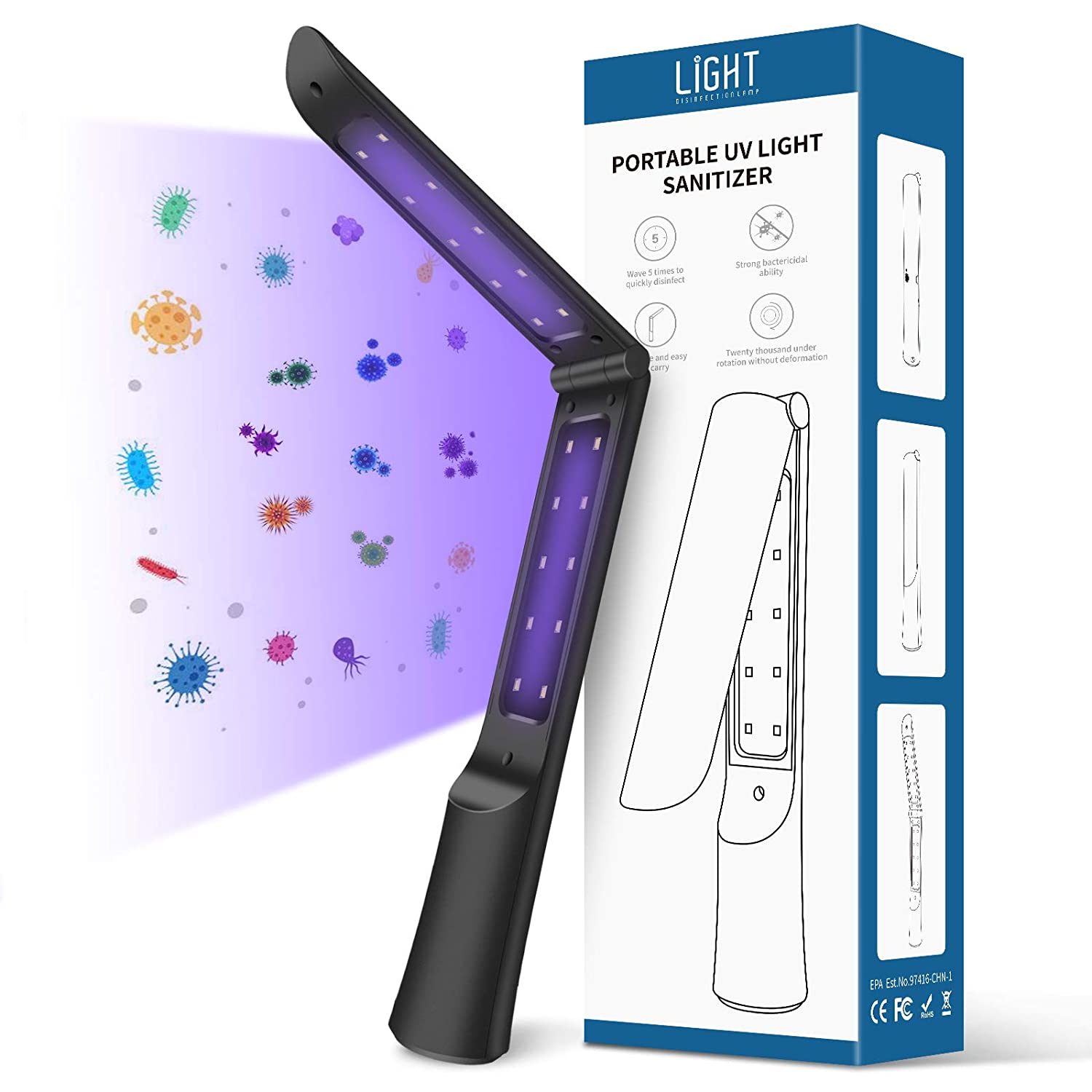 UV Light Sanitizer Wand, VNOOKY Handheld Foldable UVC Disinfection Light, Portable UV Sterilizer Lamp for Masks, Pets, Household, Toilet, Kitchen, Room, Car, Office, Hotel, Travel and more(Bl - Home Decor Gifts and More