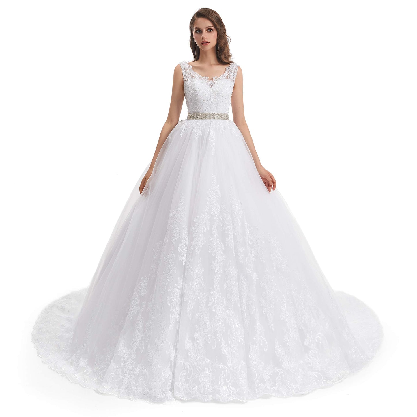 Wedding Dress for Women Floral Lace Backless A-Line V Neck Long Gowns - Home Decor Gifts and More