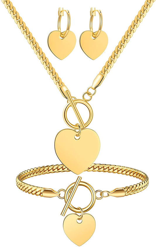 Gift Boxed Womens High Quality Solid Gold Stainless Steel Engravable Heart Pendant Jewelry Set - Home Decor Gifts and More