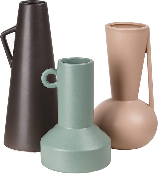 Modern Ceramic Vase for Home Decor, Set of 3 Morandi Decorative Vase sMatte Jug Vase for Pampas Grass, Kitchen, Table, Mantel Decoration ( Brown, Pink, Green) - Home Decor Gifts and More
