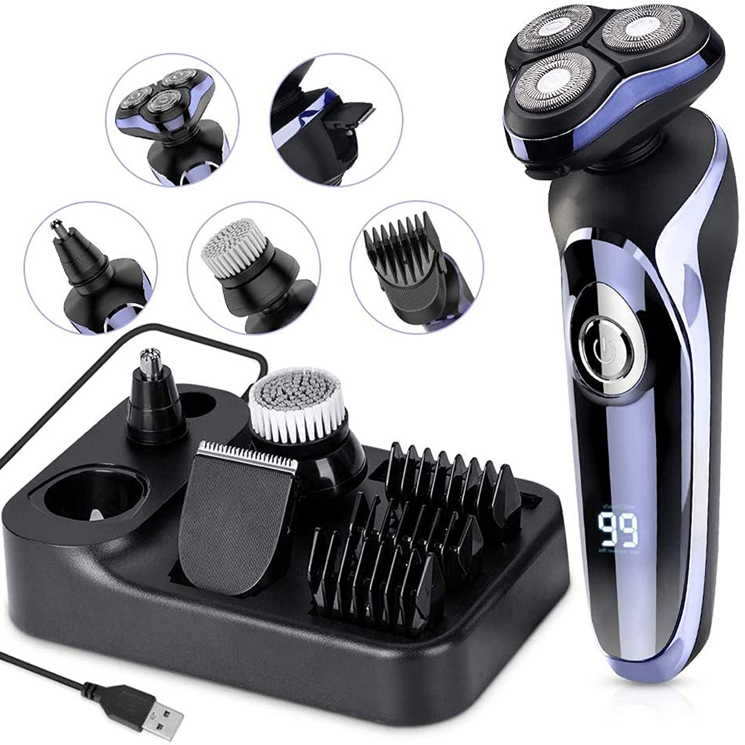 Electric Razor for Men, MANLI 5 in 1 Hair Clipper Rotary Shaver Beard Trimmer, Wet Dry Men Shaver Waterproof USB Fast Charging, Cordless Beard, Nose, Hair Trimmer, Best Gift for Men Dad - Home Decor Gifts and More