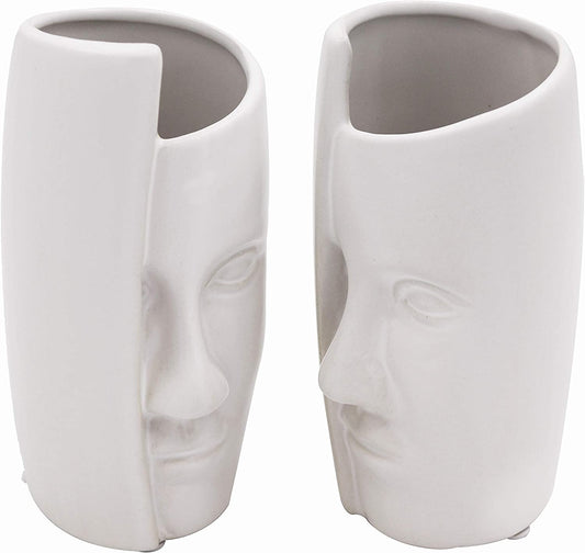 2x white ceramic contemporary abstract face sculptured flower vase set