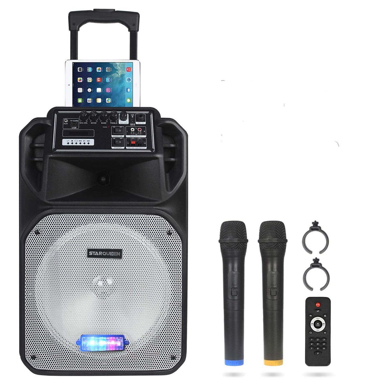 STARQUEEN Karaoke Machine, 160 Watt Peak Power Wireless Connection Karaoke Speaker System-PA Stereo with 12" Subwoofer, DJ Lights, Rechargeable Battery,2 Microphone, Recording, MP3/USB/SD - Home Decor Gifts and More