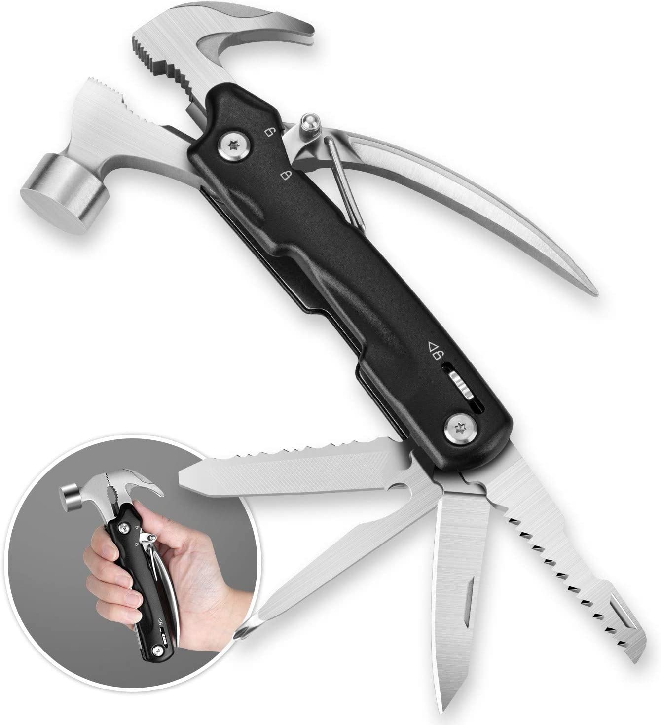 Multitool Hammer, Portable 12 in 1 Stainless Steel Multifunctional Multi Tool, Mini Tool with Knife Plier Screwdriver for Camping Hiking Outdoor Survival Gear Kit, Gift for Men Women - Home Decor Gifts and More