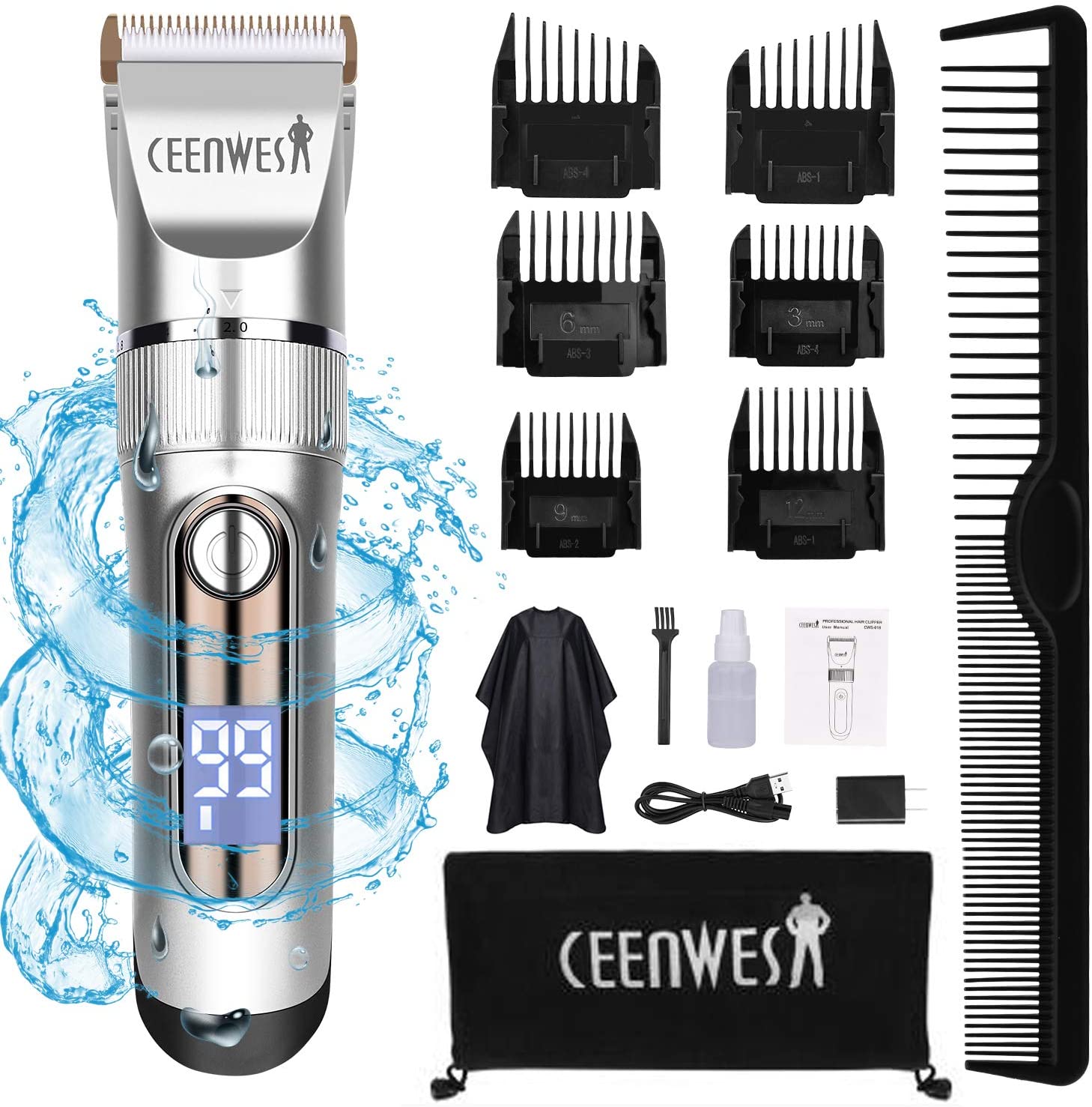 Ceenwes Professional Hair Clippers Cordless Hair trimmer Low Noise Hair Cutting Kit Beard Trimmer IPX7 Waterproof Body Hair Removal Machine with LED Display Hairdressing Cape and Travel Bag - Home Decor Gifts and More