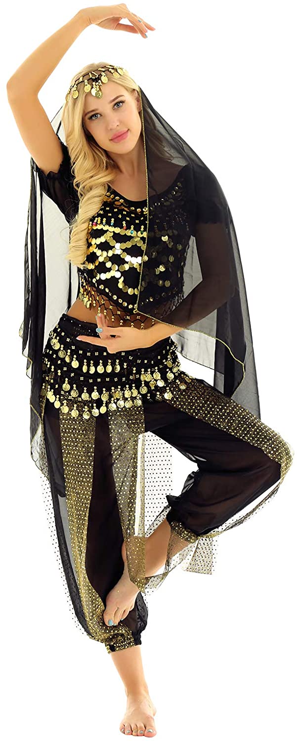 Womens Adult Belly Dance Set Coins Top with Harem Pants Set Hip Scarf Dance Costume | Decor Gifts and More