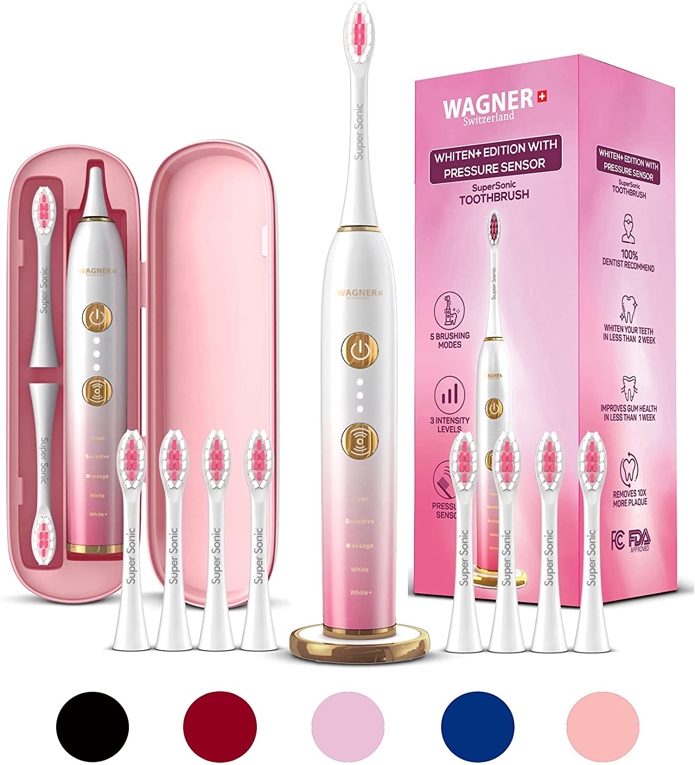 WAGNER Switzerland WHITEN+ Edition. Smart Electric Toothbrush with Pressure Sensor. 5 Brushing Modes and 3 Intensity Levels, 8 Dupont Bristles, Premium Travel Case. | Decor Gifts and More