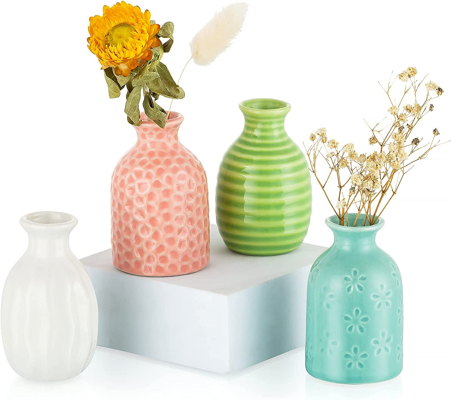 Mini Ceramic Flower Vase: Modern Small Vases Set of 4 Bud Vase for Flowers for Home Living Room Table Decoration, Wedding Party Centrepiece, 3 inches (Blue/Green/White/Pink) - Home Decor Gifts and More