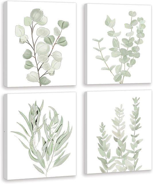 Minimalist Green Botanical Floral Leaf Art Print Art Paintings Set of 4 | 8”x 10” - Home Decor Gifts and More