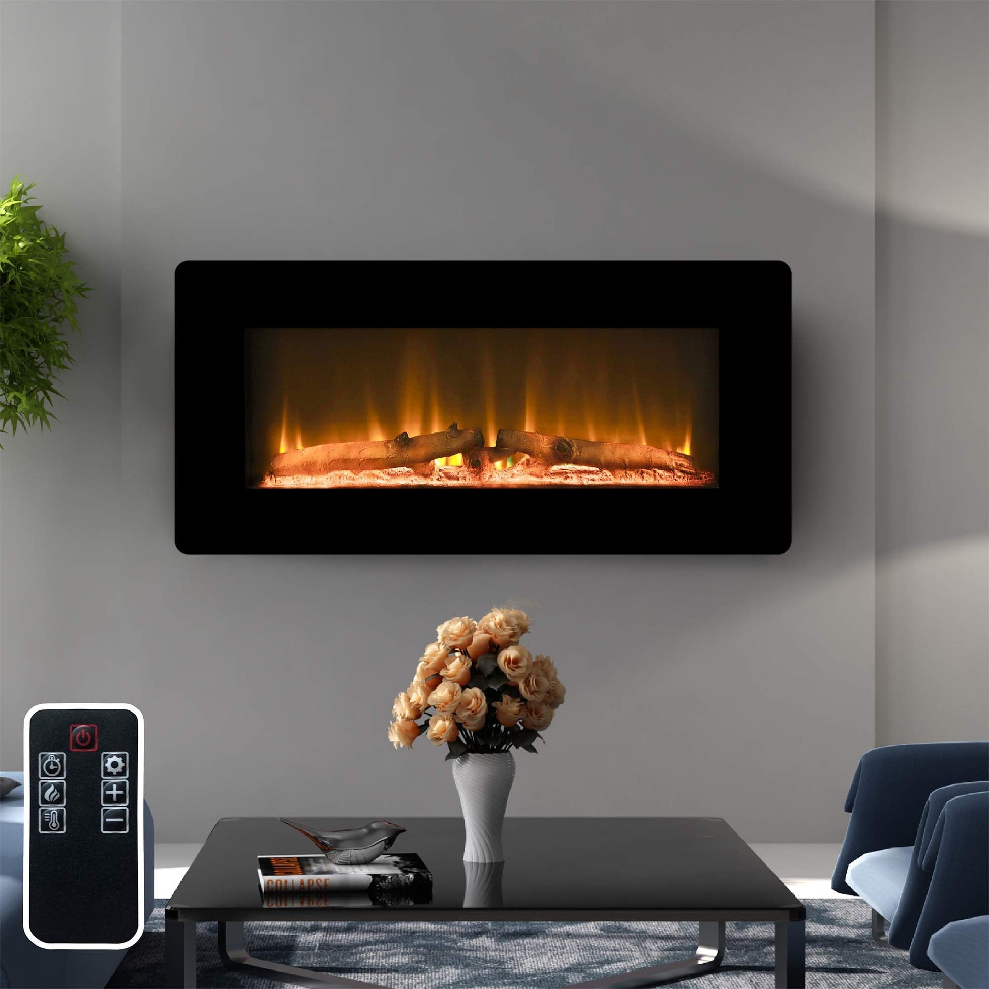 LOKATSE HOME 36" 1400W Wall Mounted Electric Fireplace Stove Heater with Realistic Logs Flame Brightness Timer Thermostat Adjustable Manual&Remote Control (36 inch 3-Level) - Home Decor Gifts and More