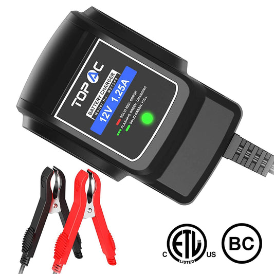 TOPAC 12 Volt 1.25A Automatic Car Battery Charger and Maintainer for automotive, motorcycle, boat & marine, RV, toys, power tool, lawn & garden battery systems - Home Decor Gifts and More