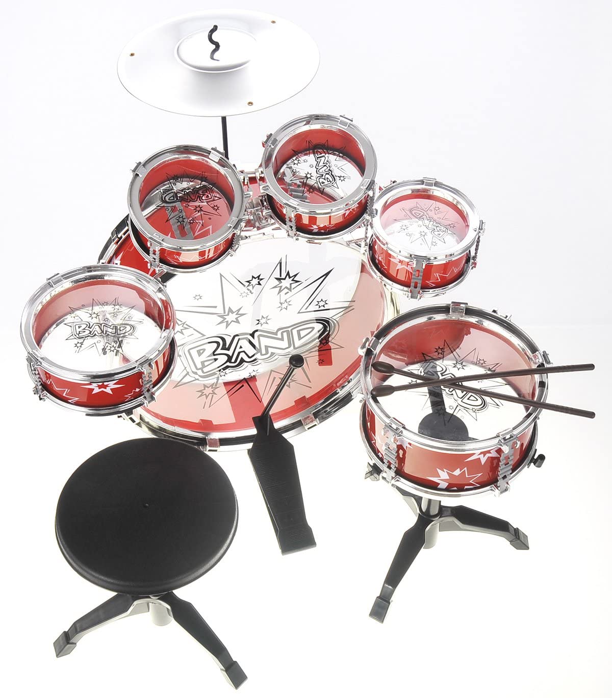 PowerTRC Musical Drum Instrument Set | Toy Drum For Kids | Set Includes 6 Drums, Cymbal, Chair, Kick Pedal, Drumsticks | Red - Home Decor Gifts and More