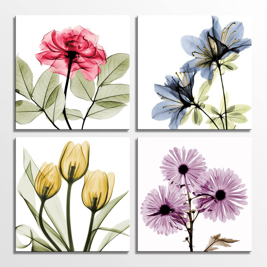Modern Floral Wall Art Painting in Vivid Flower 12x12inchesx4pcs (30x30cmx4pcs)) - Home Decor Gifts and More